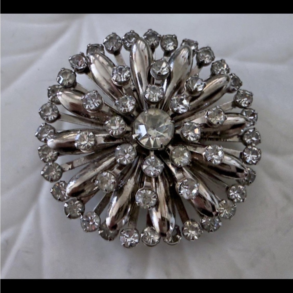 VTG Mid-Century Silver-Tone Rhinestone Starburst Atomic Brooch Pin, 2"